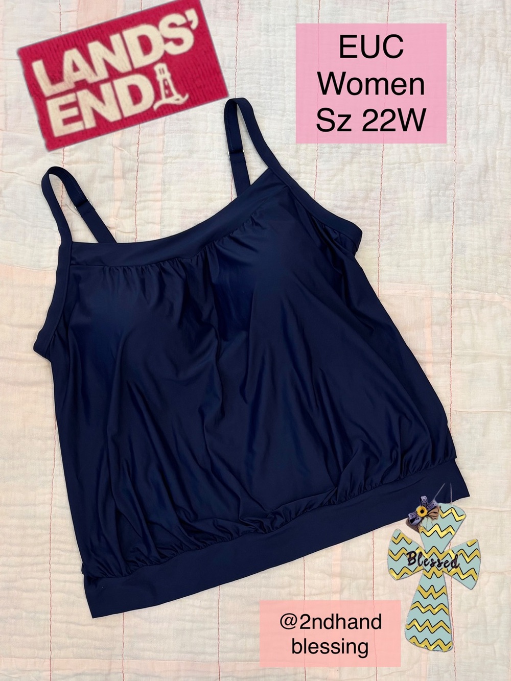 EUC Lands' End Women's Chlorine Resistant Blouson Tankini Swim Top, Sz 22W, Navy